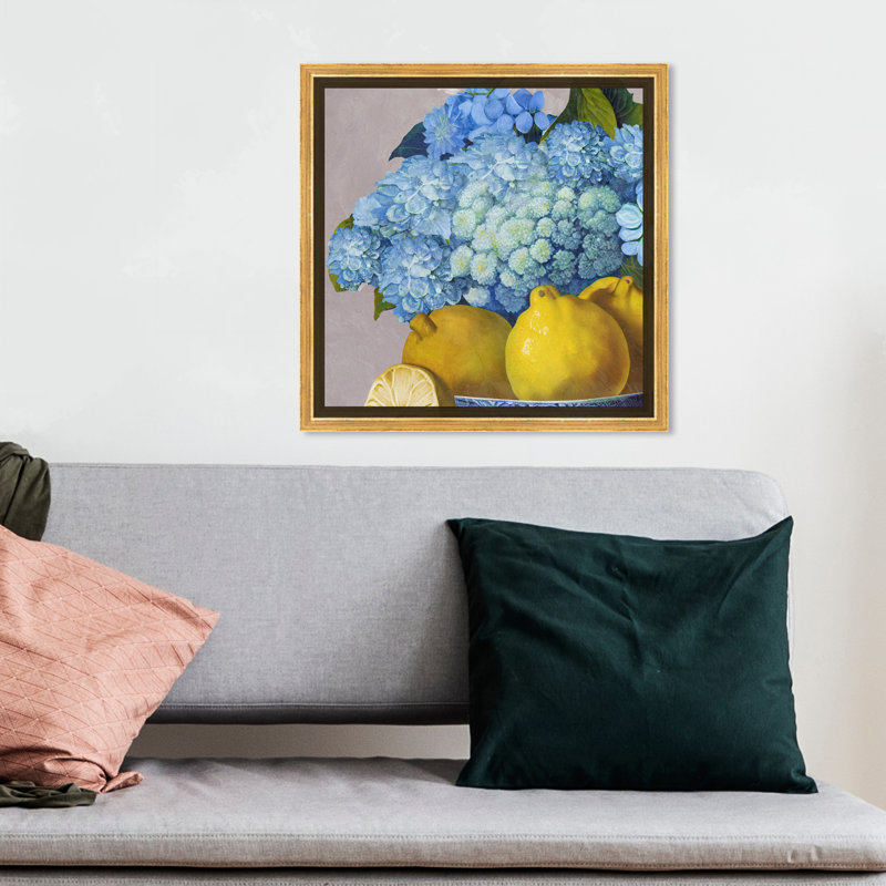 Hortensias et jour des citrons - Peinture, H 13,5 po x l 13,5 po, Encadrement doré
