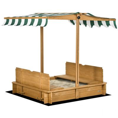 Wooden Kids Sandbox With Cover, Children Outdoor Sand Box With Foldable Bench Seats, Adjustable Canopy, Bottom Liner For Outdoor, Brown