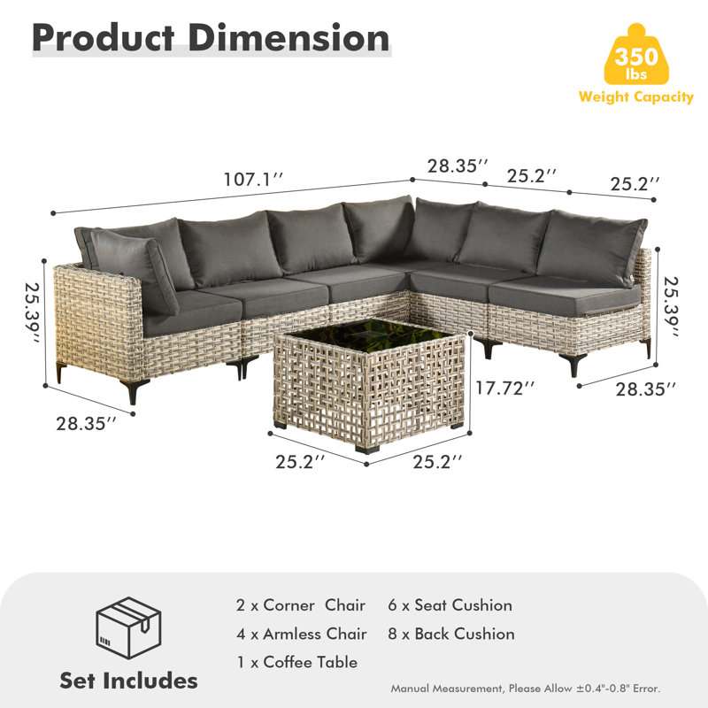 Ensemble de conversation modulaire en osier pour 6 personnes avec table basse lumineuse, ensemble de conversation moderne en rotin avec coussins Emroy
