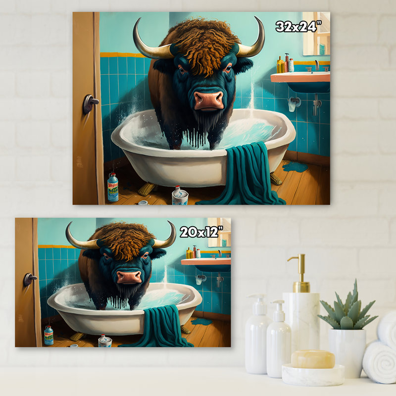 Caricature de bison faisant un gâchis dans la baignoire - reproduction sur toile tendue