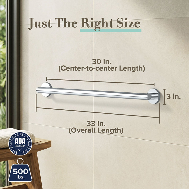 Glam Stainless Steel ADA Compliant Grab Bar | Bathroom Safety Grab Bar, Chrome, 33" W