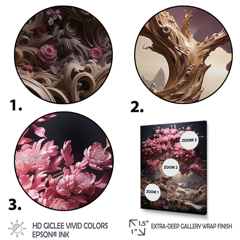 Orchidée rose jardin de branches III - art mural cerisier en fleurs, Cadre flottant doré, H 20 po x l 12 po x P 1 po