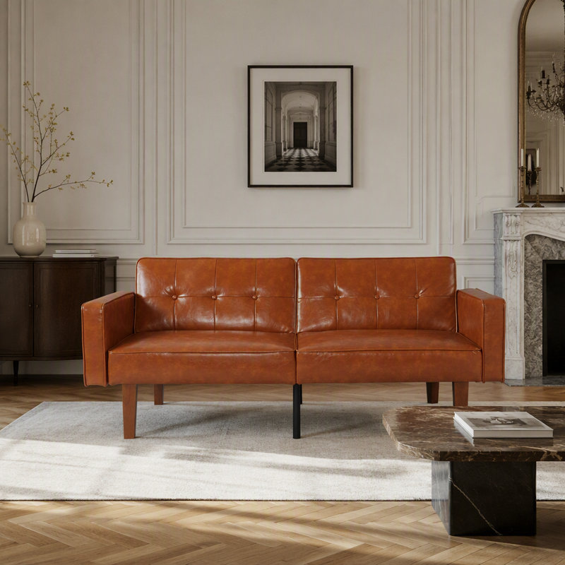 Canapé-lit futon à dossier divisé de 68,11 pouces à 3 positions, canapé-lit pliable en cuir synthétique brillant pour petit bureau, brun