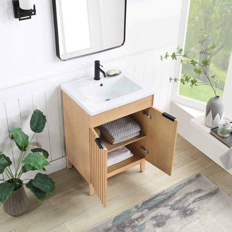 24'' Free Standing Single Bathroom Vanity with Ceramic Top, Fir Wood Brown, Matte Black