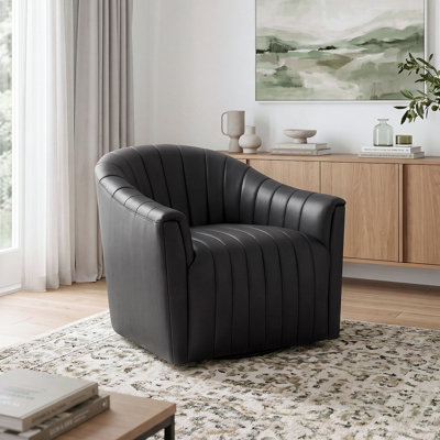 Geneva 33" Modern & Contemporary Top Grain Leather Match Barrel Swivel Accent Chair with 360-Degree Swivel Base, Vertical Channel Tufting & High-Density Foam Cushioning