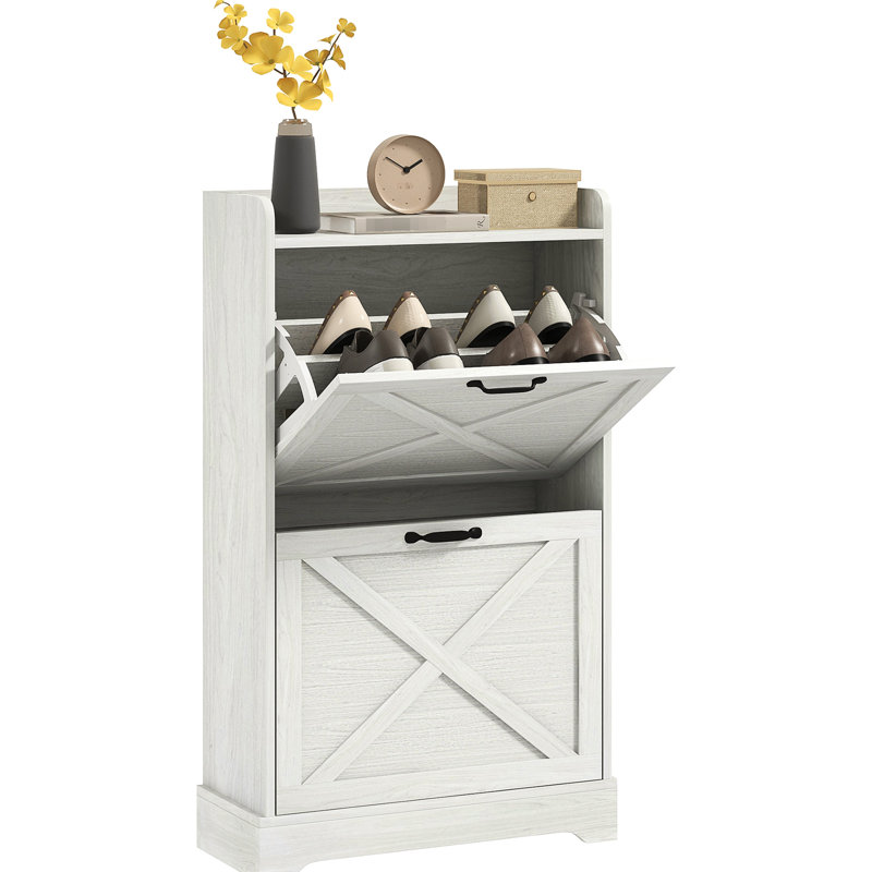 Armoire à chaussures mince pour le vestibule, 2 tiroirs rabattables et tablettes réglables, pouvant accueillir 8 paires, porte-stylo blanc vieilli