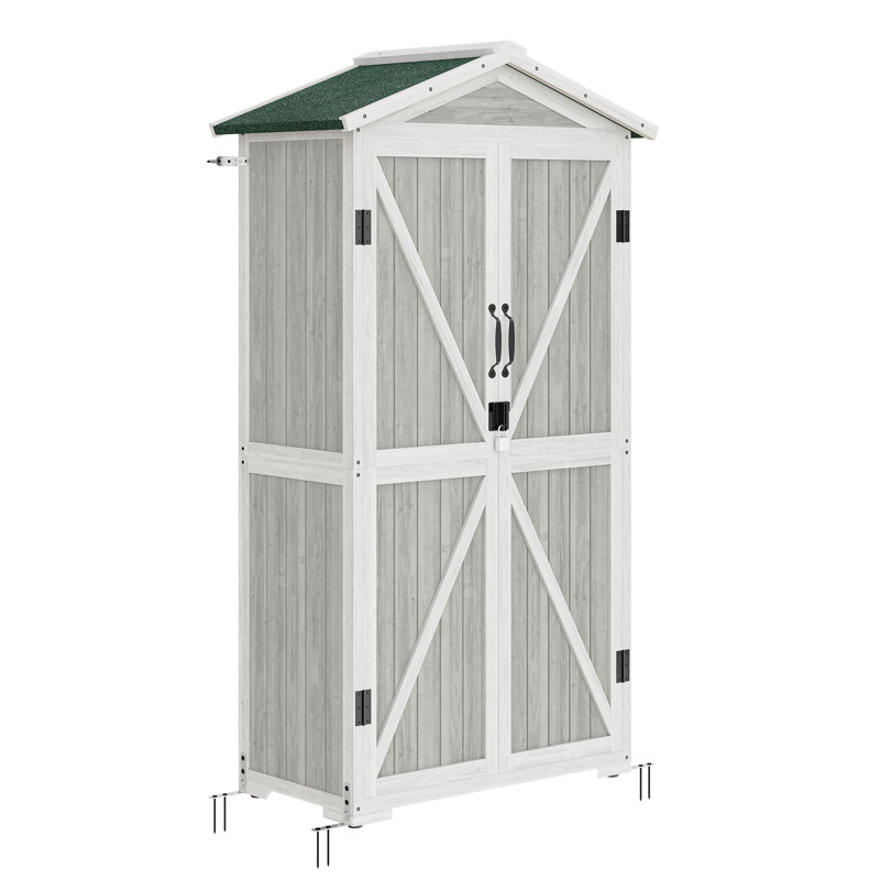 Gray and White Wooden Outdoor Storage Shed with Shelves