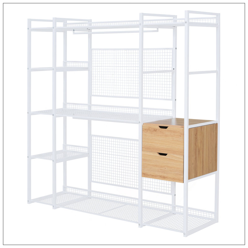 Garde-robe de style ouvert avec rails suspendus, tablettes et tiroirs