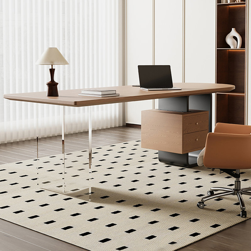 Bureau brun / noir + demi-cercle en bois massif + acier + acrylique avec 2 tiroirs, H 29,53 po x l 86,61 po x P 31,5 po