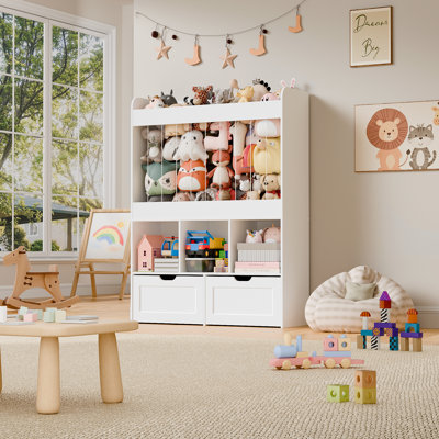 51.7"H Toy Box Storage Organizer,Large-Capacity Stuffed Animal Storage with 2 Movable Storage Drawers,3 Storage Cubes, Kids Bookshelf for Kids Room, Playroom(White)
