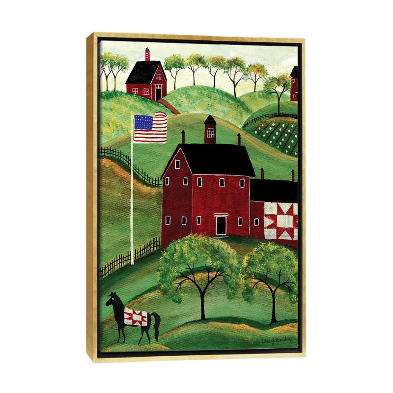 Reproduction d’art graphique imprimée « American Red quilt House » par Cheryl Bartolo, H 26 po x l 18 po x P 1,5 po