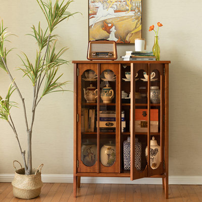 American-Style Vintage Cherry Wood Rattan And Glass Feature Cabinet