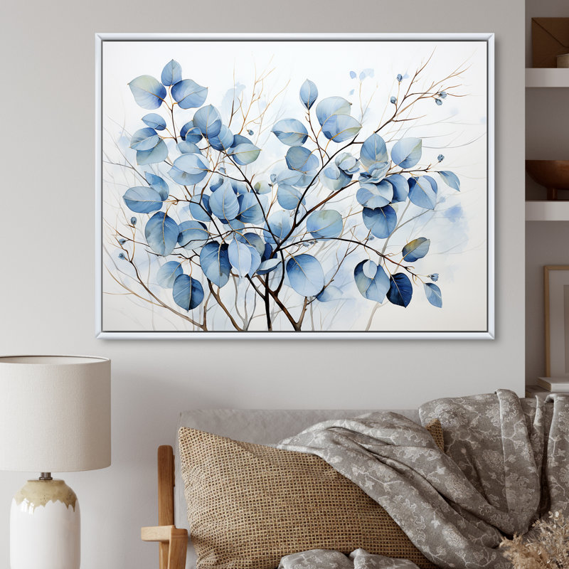 Art mural bleu et gris avec feuilles sur une branche III - feuilles, H 16 po x l 32 po x P 1 po, Cadre flottant blanc
