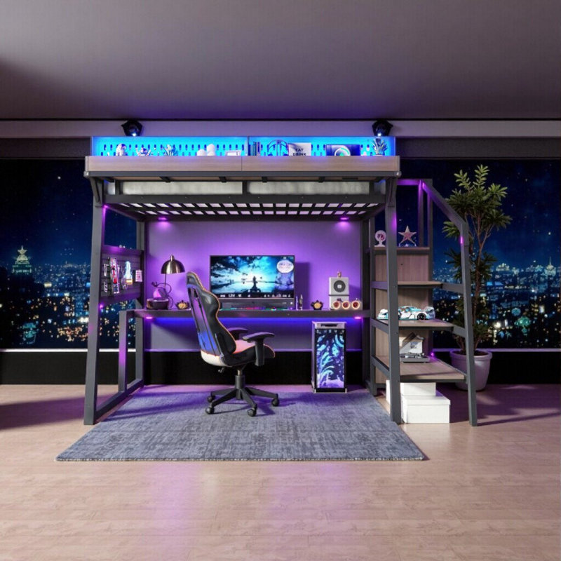 Lit mezzanine en métal AVELOR avec escalier de rangement, ports USB et lumières à DEL, zone de jeu en dessous, capacité de 350 lb