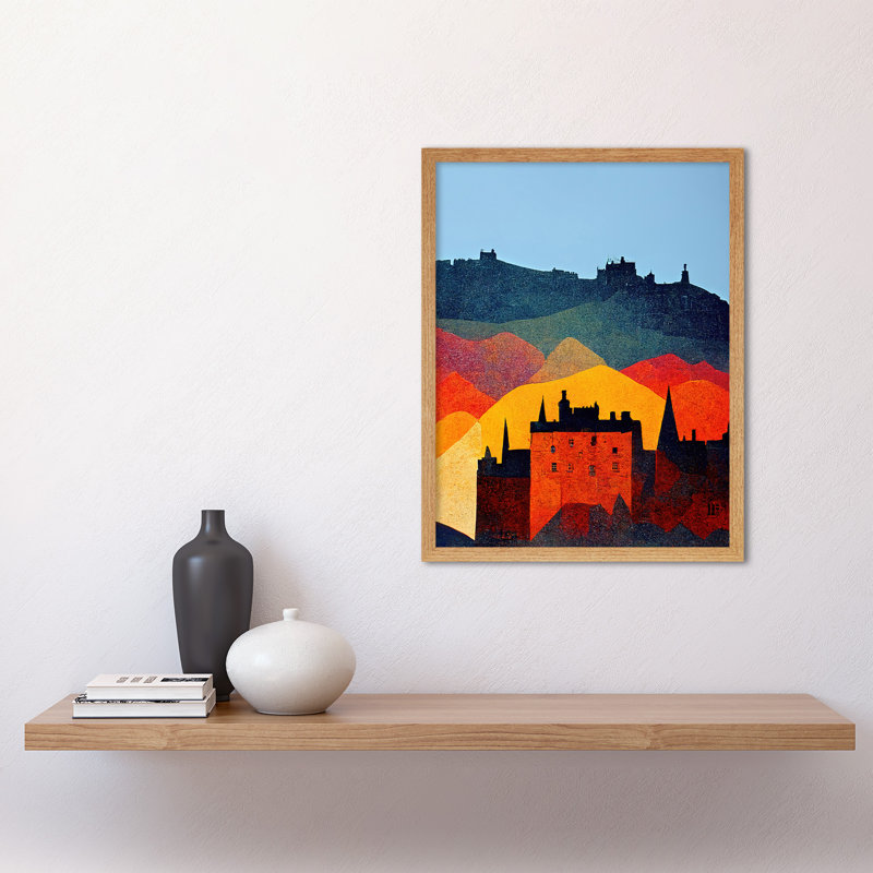 Edinburgh Autumn Scotland Modern Cityscape - Print, 43cm H x 33cm W x 2cm D, Light Brown Framed Paper