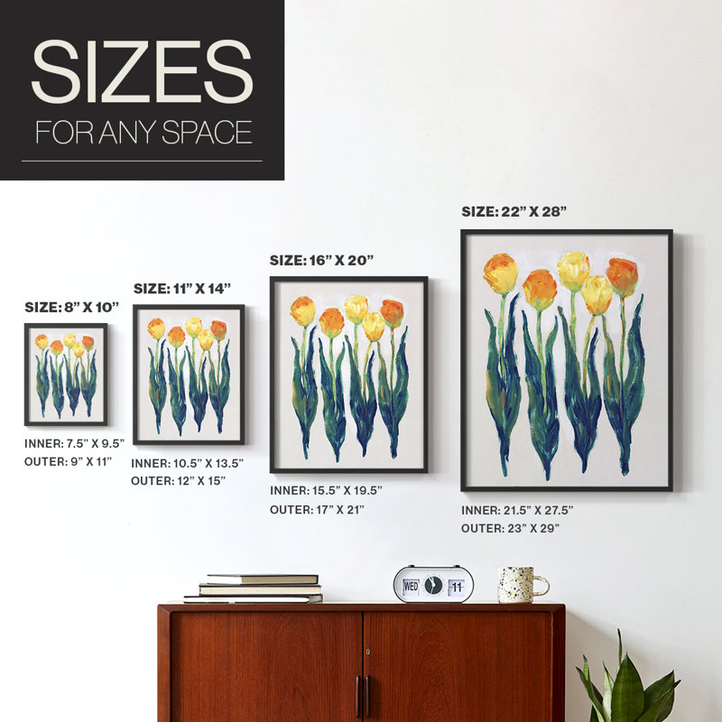 Tulipes en rang I, reproduction encadrée - bois massif, Noir, H 10 po x l 8 po