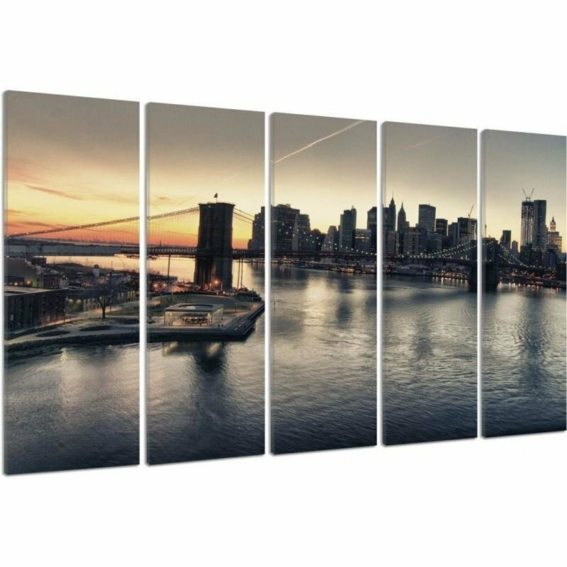 5-tlg. Leinwandbilder-Set Die Brooklyn Bridge und Manhattan bei Sonnenuntergang