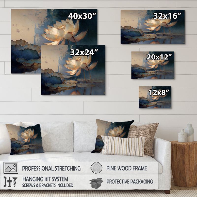 Vintage Lotus at Dawn - Print on Canvas, 30" H x 40" W x 1.5" D, Wrapped Canvas