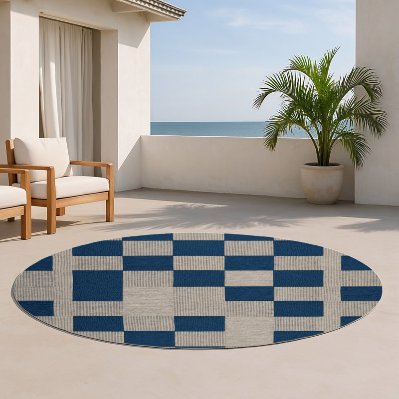 Tapis d'intérieur et d'extérieur à carreaux gris, Rond 5 pi