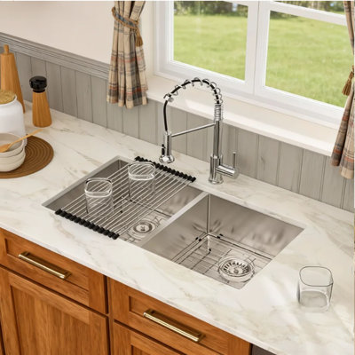 33" L x 19" W Undermount Double Bowl 50/50 Kitchen Sink 16 Gauge Stainless Steel Double Bowl Sink