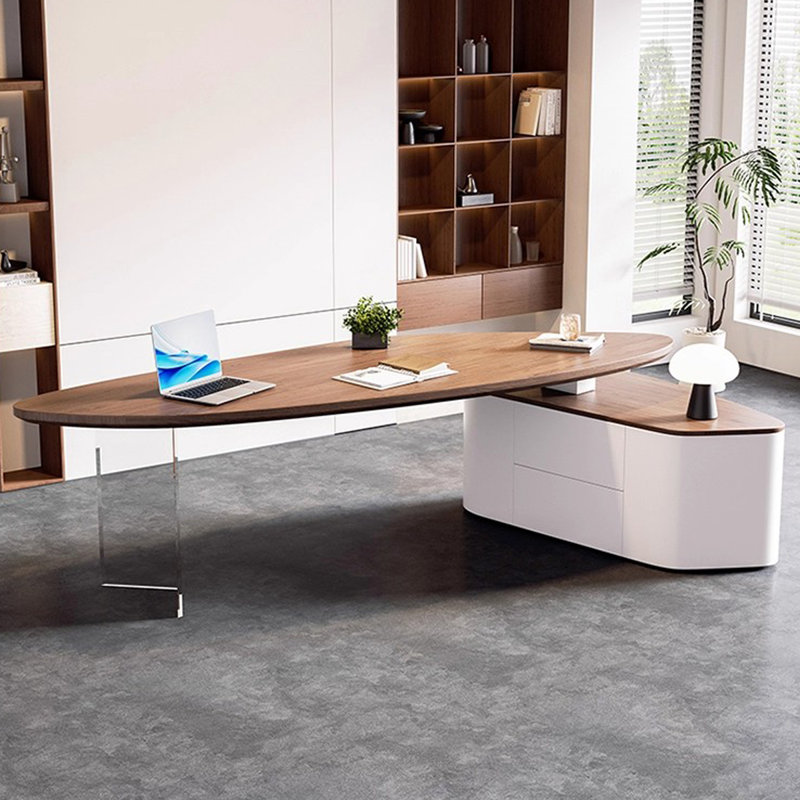 Bureau à 2 tiroirs brun noisette + blanc-uni de forme libre + bois manufacturé + acrylique, Retour à droite