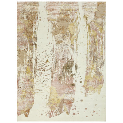 Hand Knotted Abstract Area Rug in White/Beige/Yellow