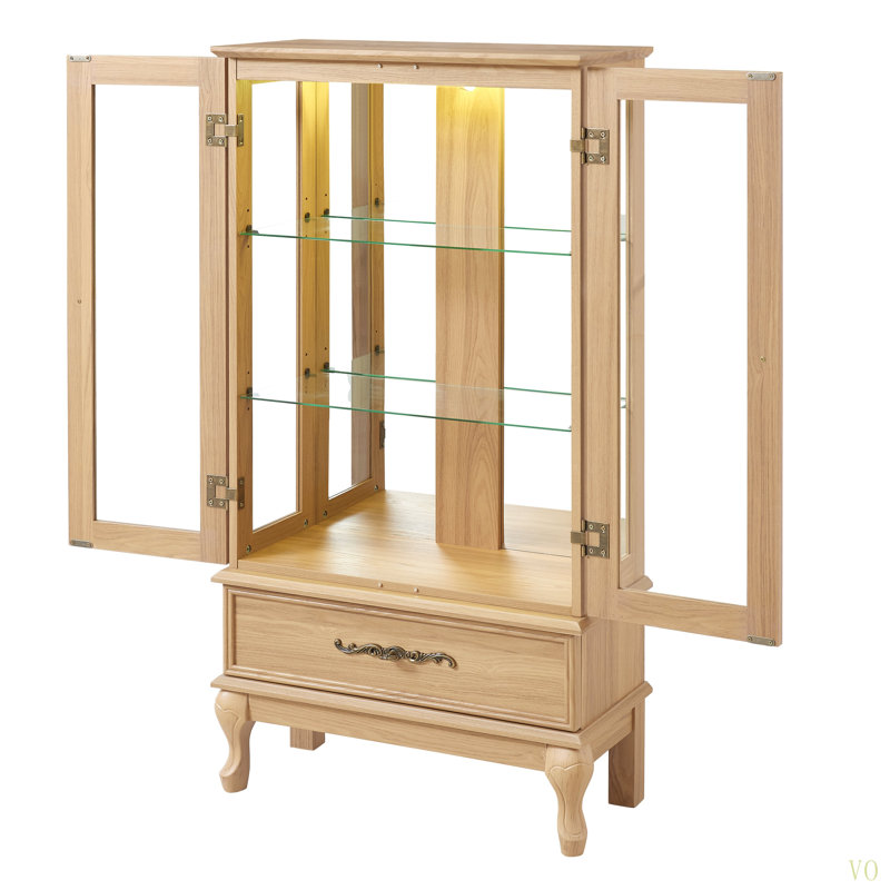 Armoire vitrée lumineuse - Vitrine élégante en verre avec tablettes réglables, 2 portes et 1 tiroir - Buffet de rangement pour le vin avec ampoule incluse