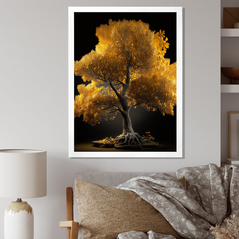 Arbre d'or jaune majestueux sur toile, Cadre photo blanc, H 32 po x l 24 po x P 1 po