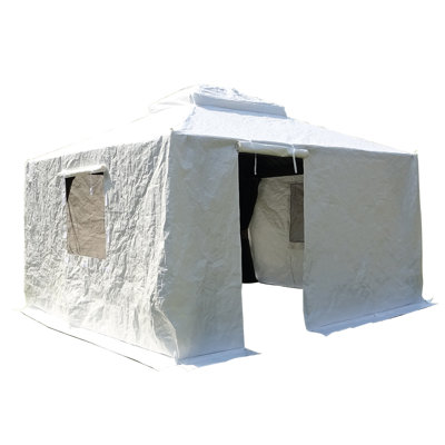 Housse pour abri de jardin d'extérieur 12 pi x 12 pi - toutes saisons imperméable à l'eau avec parois latérales, fenêtres en filet de polypropylène, enceinte résistante aux intempéries blanche