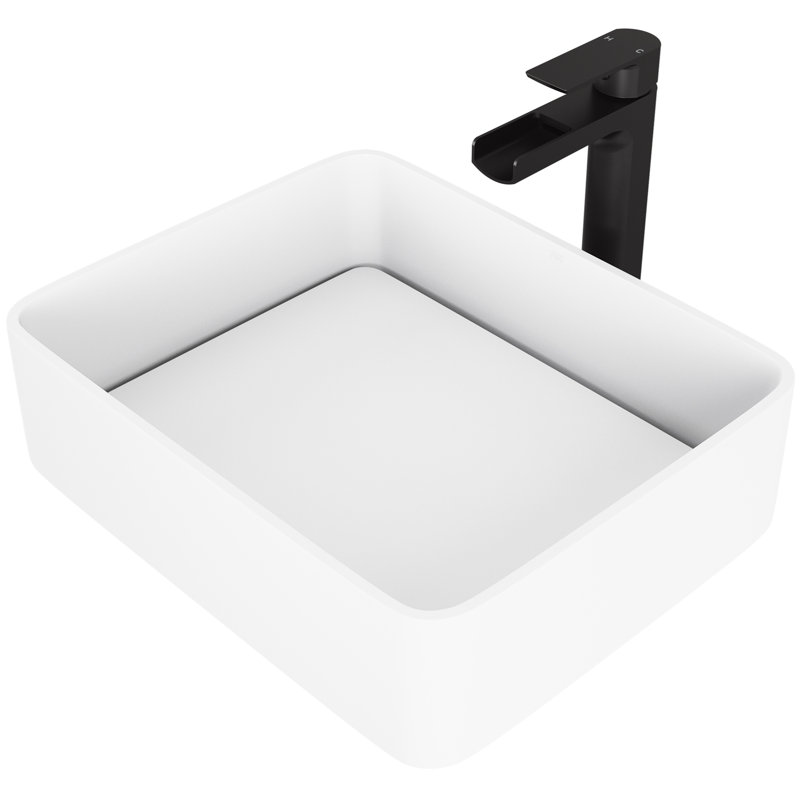 Lavabo de salle de bain rectangulaire en pierre blanche matte avec robinet H 10 po L 18 po x l 15 po x H 5 po Jasmine