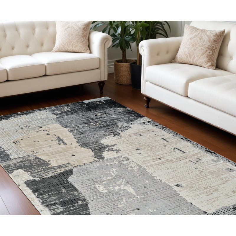 Beige and Black Abstract Distressed Area Rug