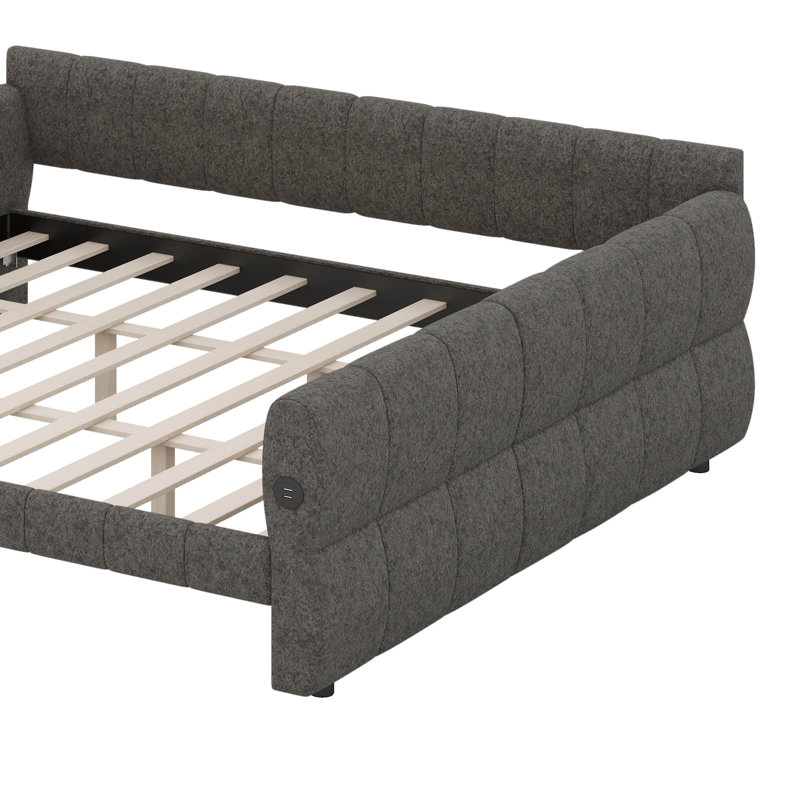 King Size Upholstered Daybed Frame With USB, Soft Lambswool Platform Bed, Gray