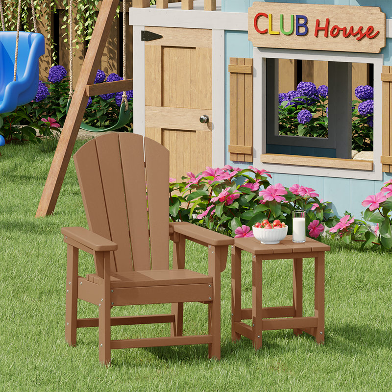 Vinnie Kids Outdoor Poly Adirondack Chair With Side Table, Teak