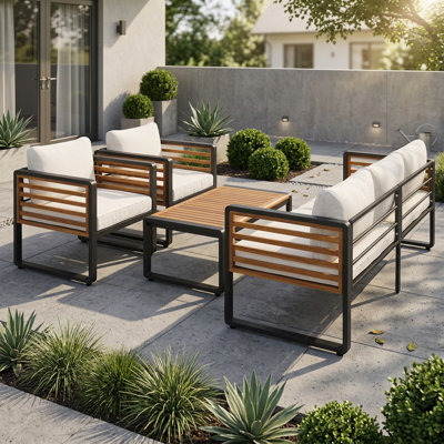 4-Piece Outdoor Conversation Set for 5, Patio Sofa with Removable Cushions, Metal & Wood Frame Furniture with Acacia Wood Tabletop