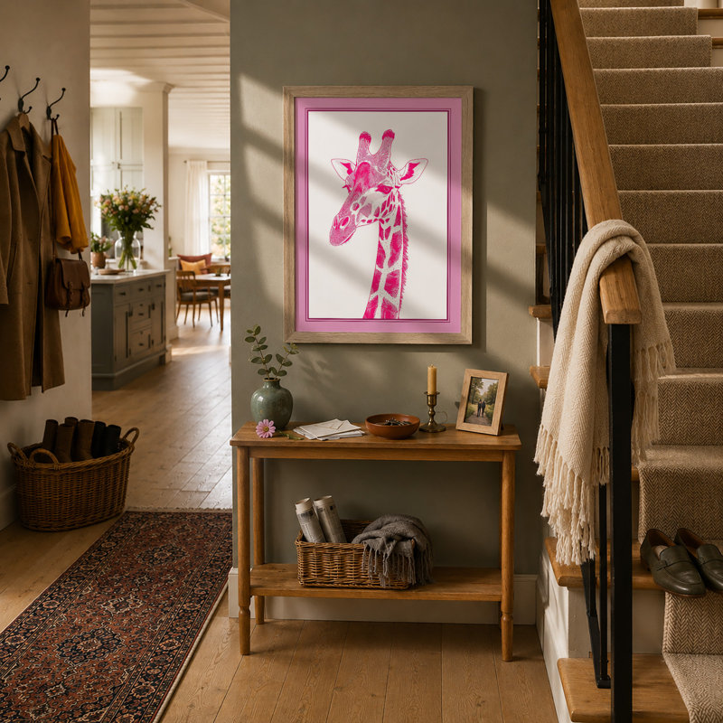 Pink Giraffe Modern - Framed Print, Oak, A3 - 42.0 x 29.7 cm