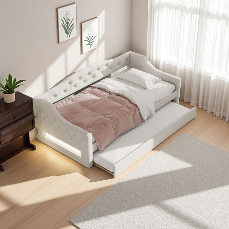 Upholstered Twin XL Size Daybed With LED Belt And Trundle, White