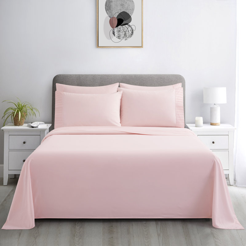 Ensemble de draps 6 pièces avec 4 taies d'oreiller plissés en rayonne très douce et soyeuse à poches profondes Marina, Rose