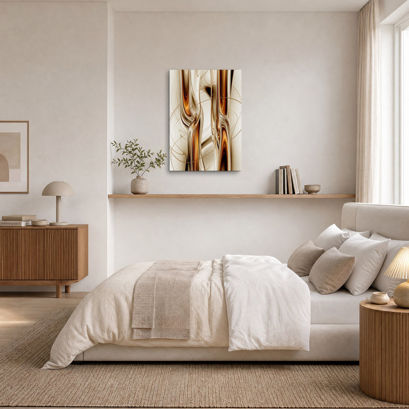 Toile murale représentant des formes fluides abstraites en bronze et en or, H 48 po x l 36 po