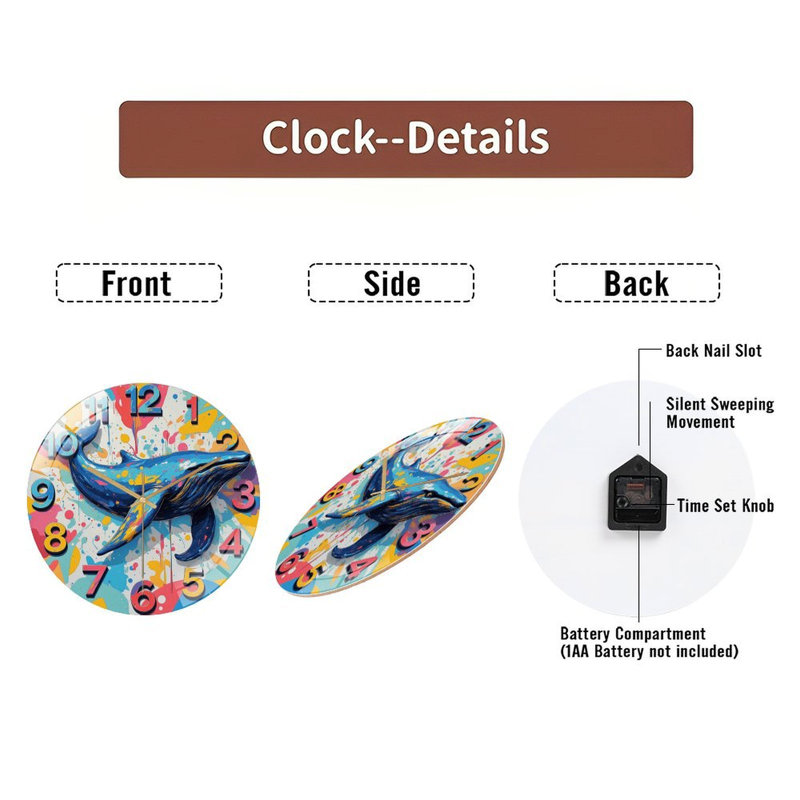 Horloge murale baleine colorée pour art décoratif unique 12 po