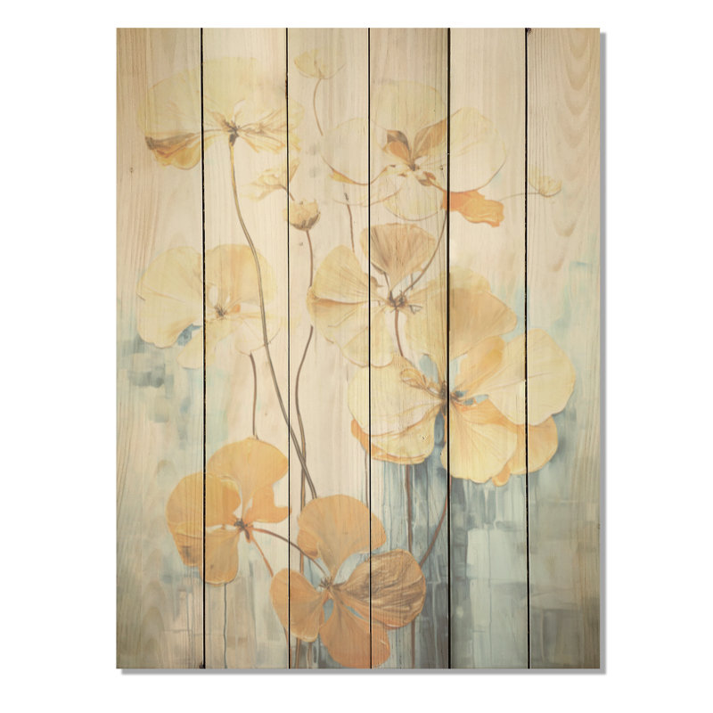 «Golden Blue Geraniums Bloom I - Geraniums», art mural sur bois de pin naturel, H 40 po x l 30 po