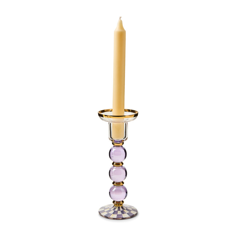 Violet Check Large Glass Candlestick, 7.25" H x 2.75" W x 2.75" D