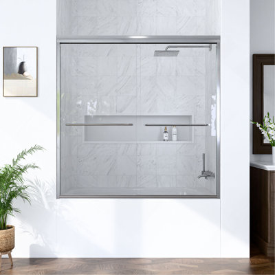 Porte de douche coulissante double semi-sans cadre H 56 po x l 60 po x H 60 po, porte de douche à dérivation, porte en verre trempé épais de 1/4 po (6 mm)