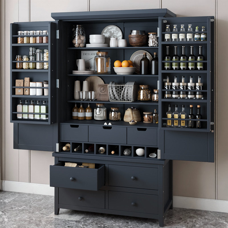 Grand garde-manger autoportant de 41,3 po avec 8 supports à vin | Armoire de rangement en bois avec 8 tablettes de porte, 3 tablettes réglables et 7 tiroirs pour la cuisine et la salle à manger