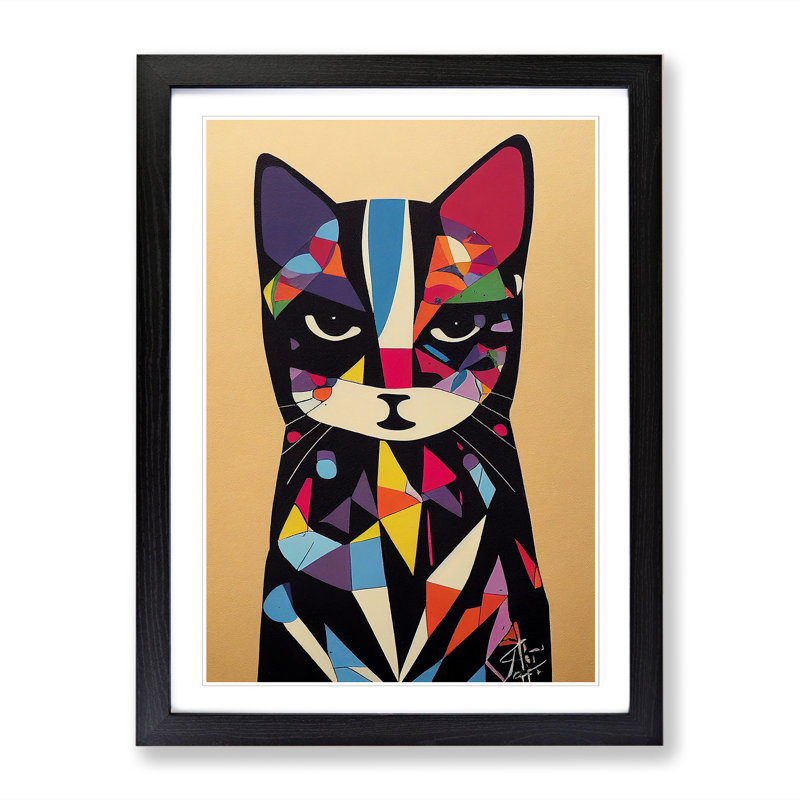 Colourful Abstract Cat Vol.4 - Framed Print, 64cm H x 46cm W, Beige Framed