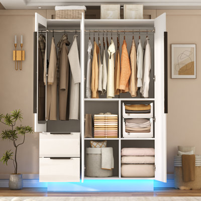 70"H 3 Door High Gloss Armoire with 2 Mirrors, LED Lighting, 2 Drawers, 63" Wide Freestanding Wardrobe Closet with Hanging Rod & Shelves