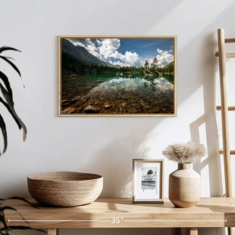 Paysage de lac tranquille, 19 po x 13 po, Cadre flottant en bois naturel