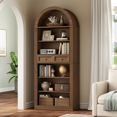 Arched Bookshelf, 73" Tall Arch Bookcase with Drawers, 6-Tier Farmhouse Book Shelf, Wooden Bookshelf with Open Display Shelves for Living Room, Office, Adjustable Shelf