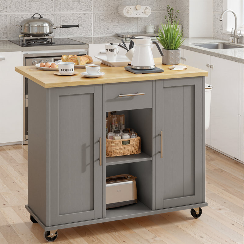 Rolling Kitchen Island Cart With Butcher Block Top – Portable Workstation With Storage Shelves & Locking Wheels, Gray