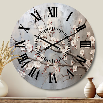 Minimalism Grey And Beige Cherry Blossom I - Cherry Blossom Black Face Wall Clock