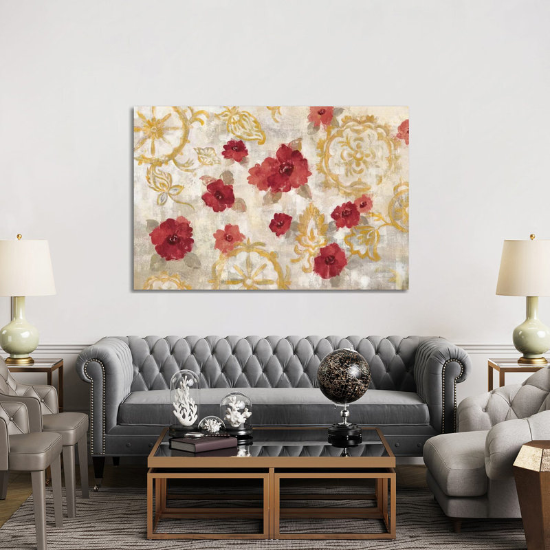 «Elegant Fresco Red Gold» par Silvia Vassileva - reproduction d'art, H 40 po x l 60 po x 1,5 po, Toile tendue, Pas de tapis